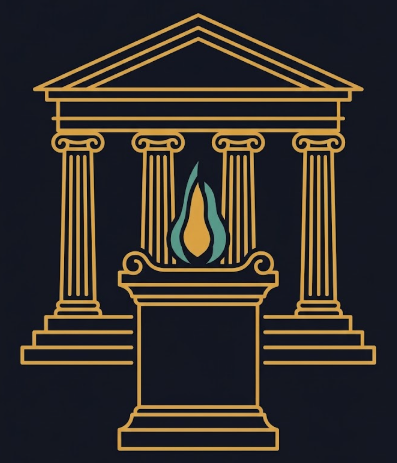 Sacred temple flame and altar emblem of The Virtuous Path to Elysium